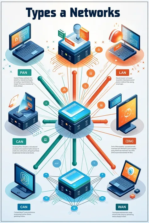 draw a create poster representing showing the different types of computer network pan,lan,can,man and wan different components and connections