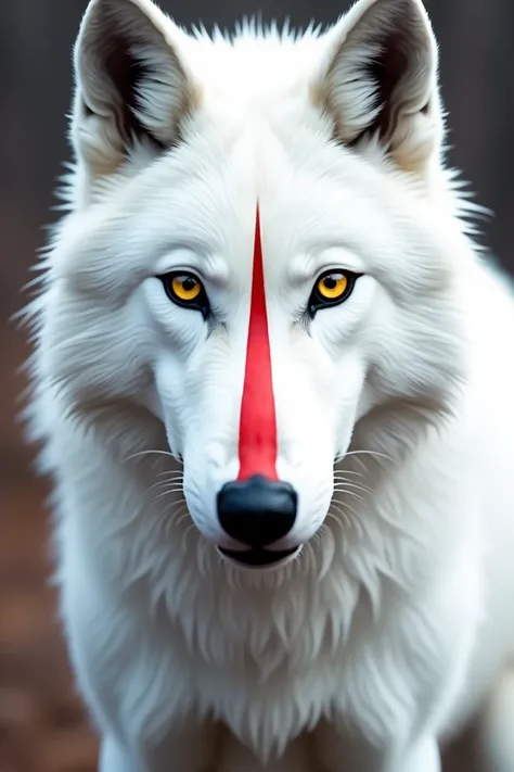 A white wolf with two stripes on the muzzle, the red one near the nose and the black one following it, it has yellow eyes and an upside-down red triangle below the eyes, it has the tips of the black ears and a red line through the following it also has a g...