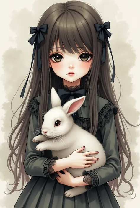  A painting of a girl with long dark brown hair, black eyes, Its Gothic Lolita ,  is carrying a rabbit while looking at the sad camera ,  water color design 