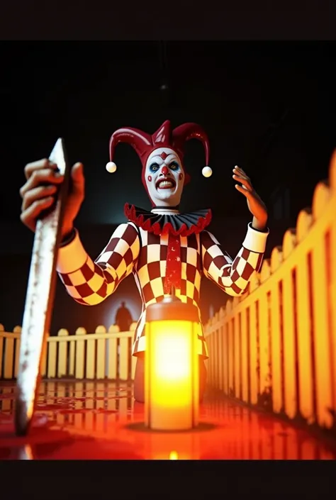 "Transform the jester character in the image into Art the Clown from the Terrifier movie. Replace the jesters hat with Arts bald head and white face paint, complete with black lips, black nose, and hollow, dark eyes. Change the red and white checkered outf...