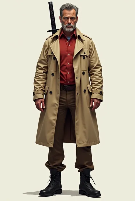 melhore este prompt aqui mil vezes! A rugged man resembling Stanford Pines, with the appearance of a man in his early 40s to mid-40s. He has a serious expression and a mature demeanor. He wears a beige trench coat with the internal pockets visible (some it...