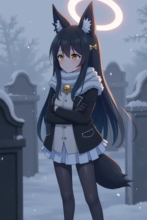 day, dawn, cloudy. snow, snowfall, blizzard, graveyard, tombstones, 1girl, fox ears, fox tail, long hair, black hair, hair ornament, gold beautiful eyes, chokerbell, choker, bell, large breast, white skirt. black fur coat, white blazer, white shirt  scarf,...