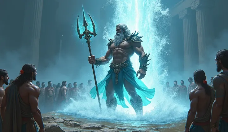 Poseidon’s First Gift: The Well of the Seas"

    Poseidon stands tall and imposing, his trident glowing with divine energy as it strikes the ground. A geyser of saltwater erupts into the air, shimmering under the sunlight, while Cecrops and the people of ...