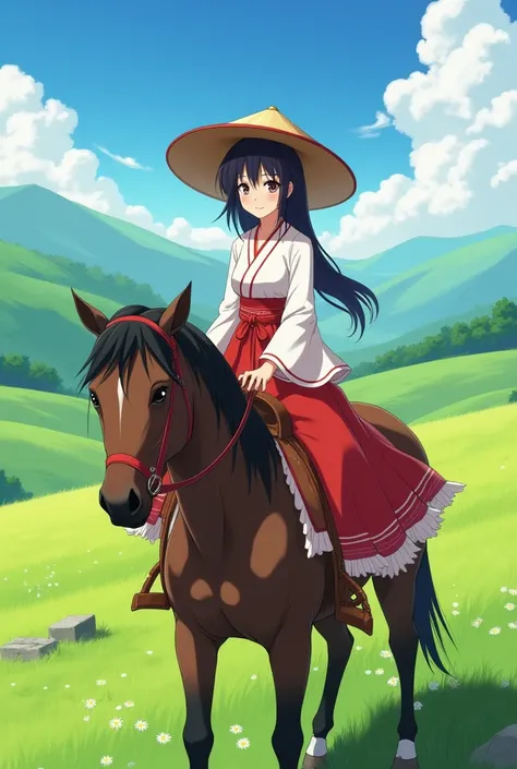  anime girl image, huasa from the country with current clothing ,Chupalla fina ,of those classic , square up and with a round and rigid base, on top of a horse in the field