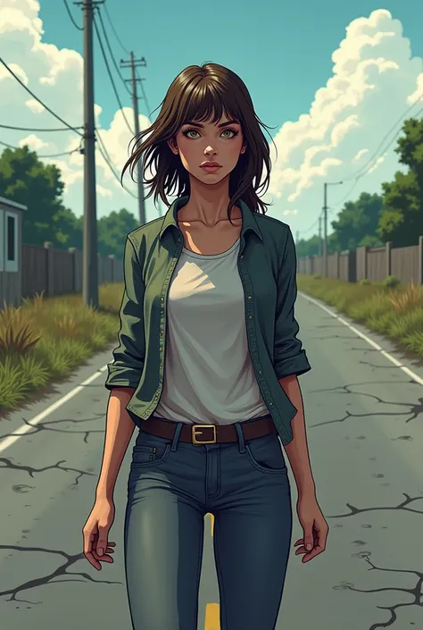 normal woman, full body, in the background a road, the zombie apocalypse thematic, comic drawing style, HD, without gun,without weapons, very detailed.