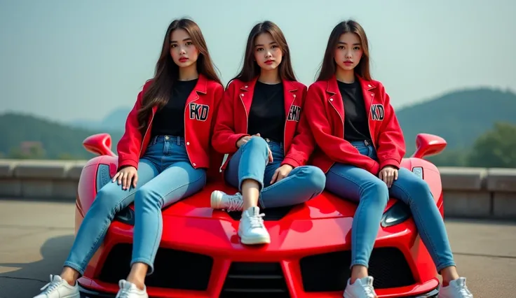 three beautiful girls 20 years old native to indonesia sitting on top of red ferari wearing black shirt wearing red jacket written name EFKD wearing jeans wearing ardiles shoes