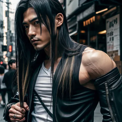 1 man, Japanese man, 30 years old, hairstyle Visual Kei, hair color blonde, muscular, broad shoulders, ultra detailed face and eyes, Asian eyes, pretty face, realistic representation, outfit gothic-cyberpunk, black mens shirt and black pants, long hair, ha...