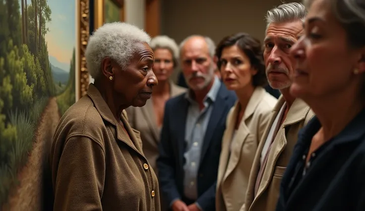 The setting creates tension between an old black woman and a group of mostly female white people at a luxury auction. The old woman is dressed in simple clothes, old shoes, she is standing next to a nature painting with a sad expression, next to her is a g...