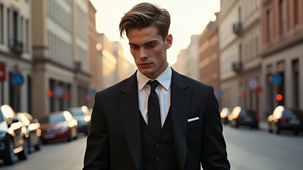 Portrait of a 25 year old young man, inspired by John Luke, Joe Keery, Jakub Gazmercik, Daniil Kudriavavtsev, handsome, handsome and attractive face, wearing a black suit, tie and white shirt. Handsome man walking down a city street. Face looking down. Loo...