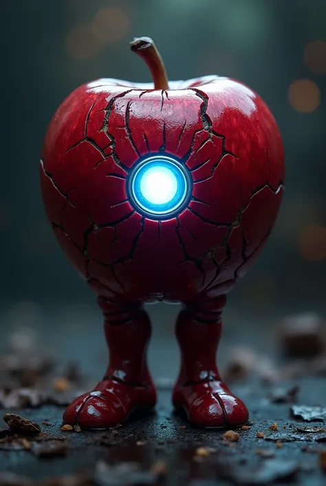 A highly detailed and menacing scene of a dangerous hybrid fruit, blending the look of an apple with human-like features. The apple has a glossy, deep red surface with glowing cracks that reveal an intense core. The arc reactor symbol of Iron Man is etched...