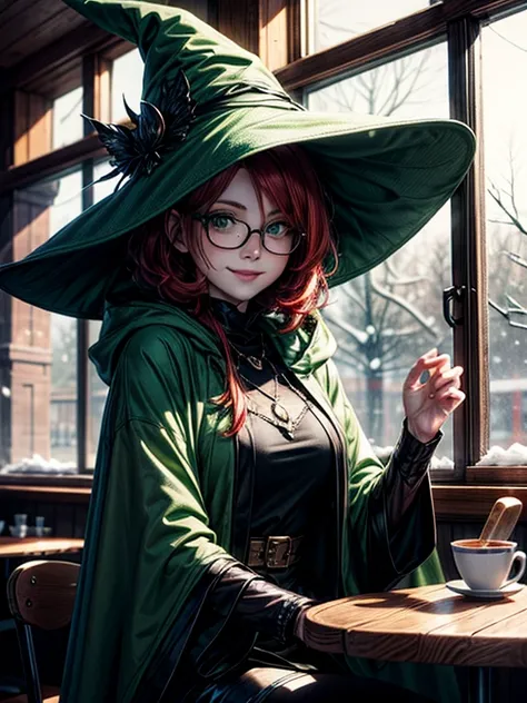 Short,  red hair ,  green eyes ,  metal-framed glasses, green witch hat, green cloak, smiling girl sitting in a cafe by a snowy window.