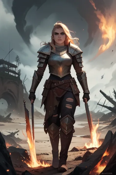 A sister of battle is stranded on a deserted island, her armour is damaged from battle, she builds a fire to keep warm, ethereal, ominous, frightening 