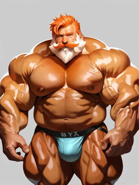 solo, 1boy, huge Muscular (old man, wrinkles skin:1.2, old), portrait, jockstrap, wide shoulder, thick arms, huge muscular old man, very huge pectoral, orange hair, short hair, mustache, thick mustache, standing, look at viewer, wide pectoral, massive musc...