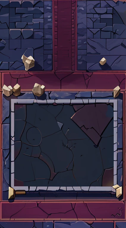 Design a medieval-themed match-3 game map. The map features a square grid at the center for the tiles, surrounded by a richly detailed stone and brick wall with cracks and an aged appearance.