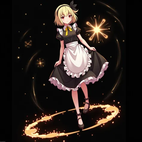  Goddess of Victory NIKKE， beige blonde ，Yellow hairpin， Im wearing a black headband，Red eyes， short hair ，Im wearing a maid 