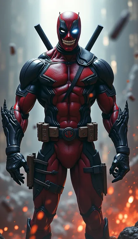 Deadpool fusion venom, random background, realistic,