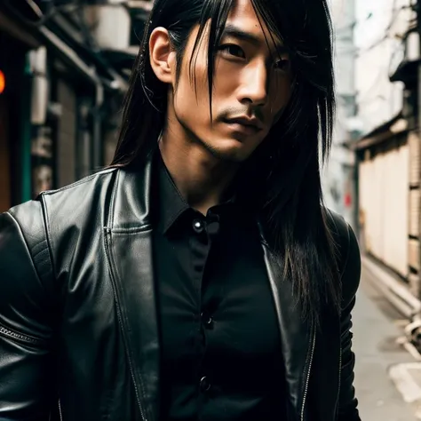 1 man, Japanese man, 30 years old, hairstyle Visual Kei, hair color blonde, muscular, broad shoulders, ultra detailed face and eyes, Asian eyes, pretty face, realistic representation, outfit gothic-cyberpunk, black mens shirt and black pants, long hair, ha...