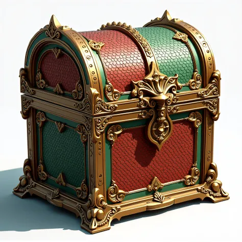 High-resolution half-sided metal game treasure chest with colorful and luxurious medieval patterns without a background