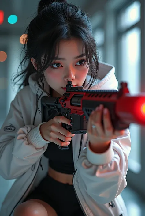 ((Masterpiece)), ((Detailed)), ((High quality)), ((4k)), asian girl, 20s age, wearing a white Jacket have a cool design on it, white hoodie, wearing a sexy fit black short, holding a red and black rifle with a Red black aura on it, pointing far away and sn...