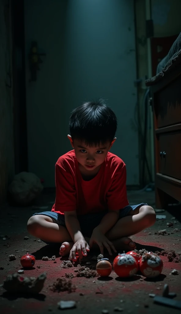 Dark night scene, dark bedroom, no light,  Vietnamese boy, wearing red shirt, sitting on the floor playing with toys, scary face