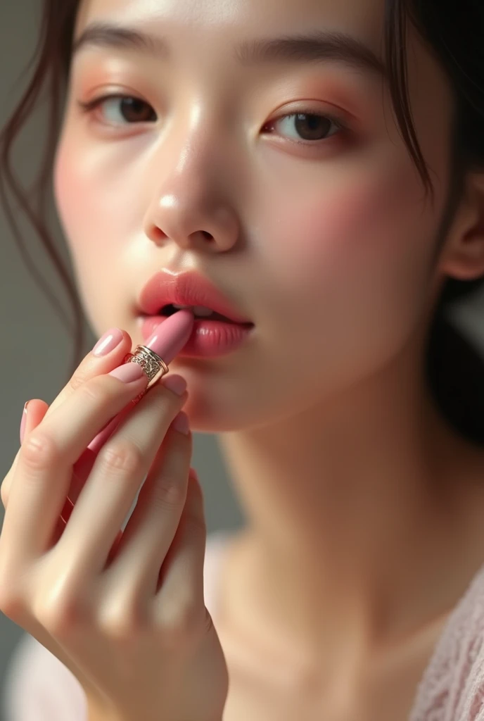 A image with a real person is using a lipstick which is design soft on its surface