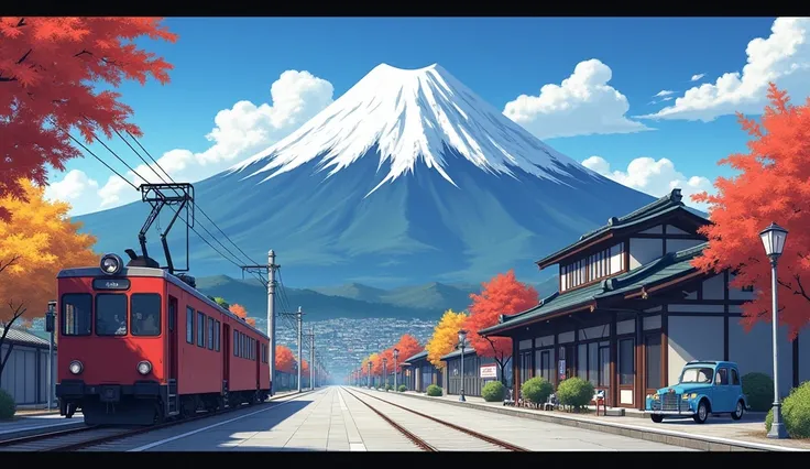 "A scenic view of Mount Fuji during a clear day, with its snow-capped peak dominating the background under a vibrant blue sky. In the foreground, an old-fashioned red train sits on display at a traditional Japanese train station, surrounded by small cars a...