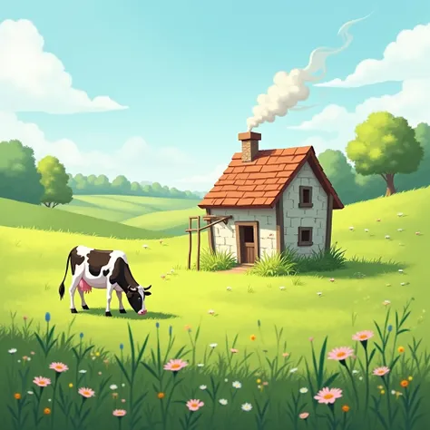 A small house in an open meadow with a dairy cow