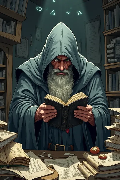  An old man hidden under a long gray roñosa tunic , his face covered by a hood .  He is sitting in front of a desk .  There are several scrolls and papers scattered all over the desk .  The old man is writing in a black book from which letters appear in gr...