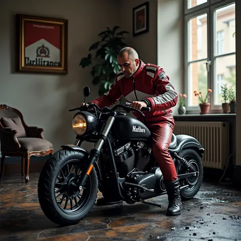  A grown guy in an apartment wearing a red and white Marlboro leather racing jacket with patches and Marlboro leather racing pants with patches, a lot of black oil flows on a busy Harley chopper ,  destroys the apartment with a Harley chopper The whole apa...