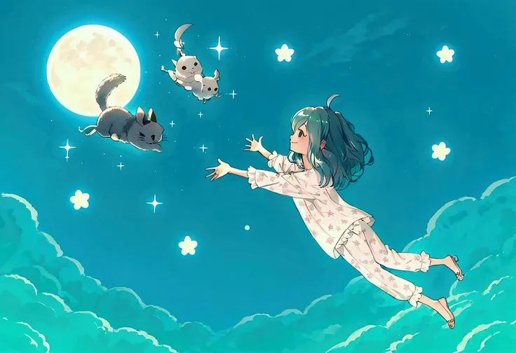  1 girl flying in the sky、、Wearing pajamas、Chinchilla flying in the sky 、Fluffy chinchilla、smile、profile、fun、 dreamy illustration , beautiful moonlit night、sparkring stars、 emerald green clouds 、ren&#39;s book illustration、 fantasy art 、 greatest masterpie...