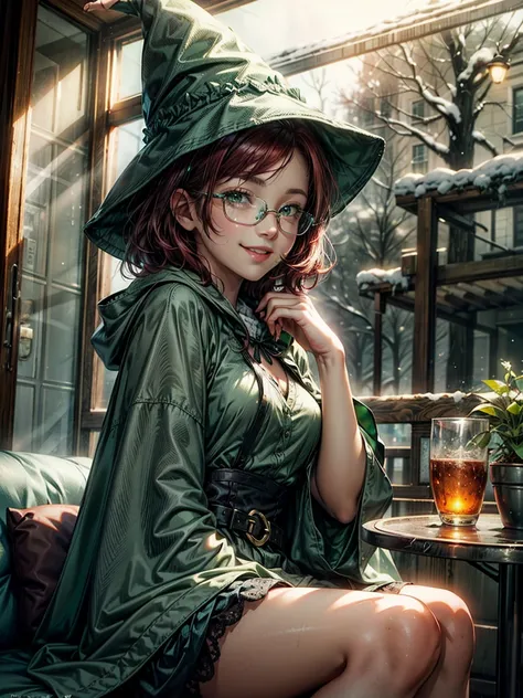 Short,  red hair ,  green eyes ,  metal-framed glasses, green witch hat, green cloak, smiling girl sitting in a cafe by a snowy window.