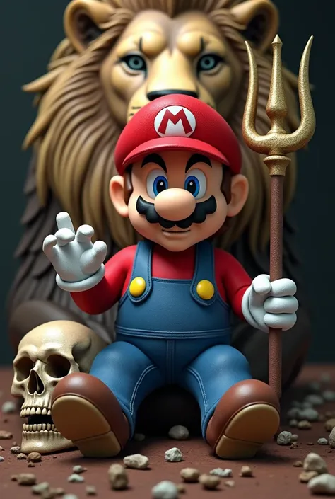 Realistic super mario, sitting, holding trident, lion background lying down, theater mask, skull