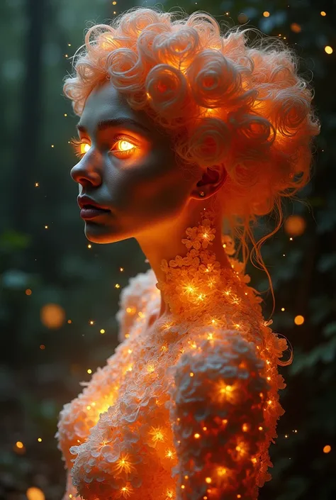 hauntingly beautiful female body emerging from an swirled woods crafted entirely from rose  Flowers, each spark arranged to outline her delicate features in a soft, flickering the Leaves illuminate around her, casting a warm, ethereal light across her body...