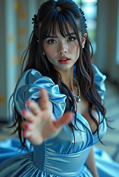 a woman with long dark hair and bangs, wearing a shiny satin lolita style, knee length light blue dress with short puffed sleeves, is leaning towards you, reaching our her hand to lead you on