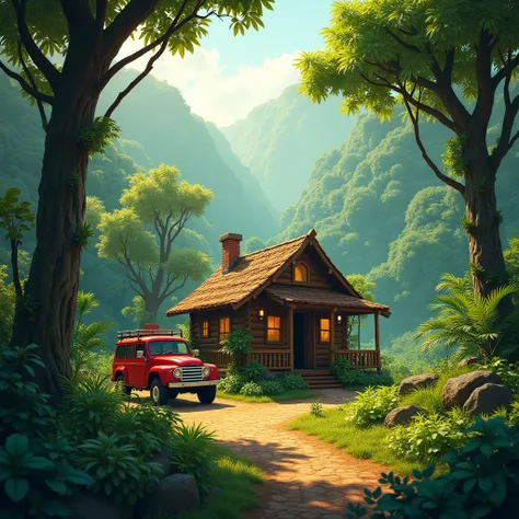 Small house in the big forest , jungle, Morning Solar, Real picture , รถยนต์สีแดงจอดอยู่หน้าบ้าน