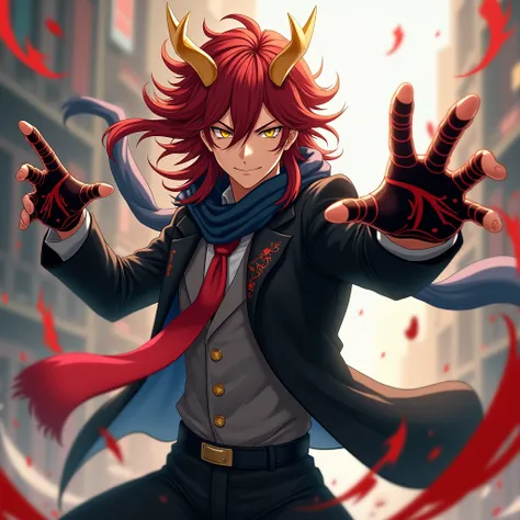 chico,anime,young,man, long deep red hair , yellow eyes and golden horns , dressed in a black suit, wearing a red tie ,long dark blue scarf , wearing black gloves with red designs,No without fingers martial arts ,quick fist attack ,