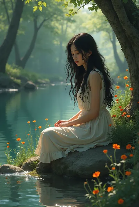 sad girl with flowing hair sits on a rock, on the river bank, There is beautiful nature around