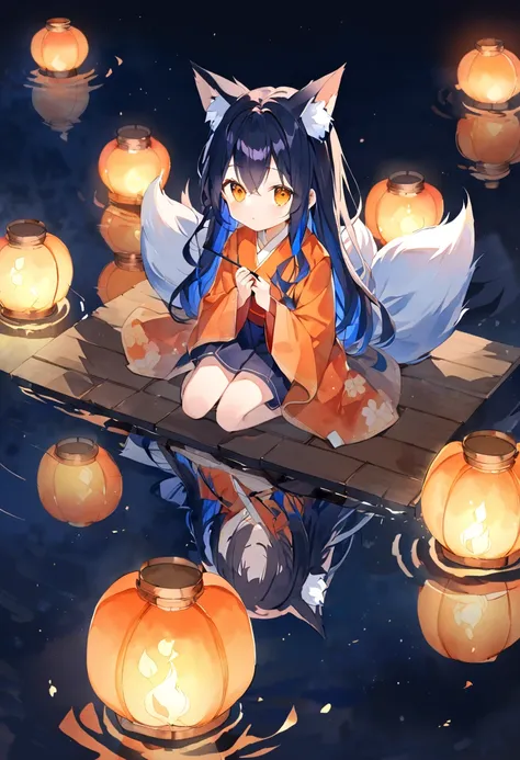 Watercolor colorful,perfect,hima,girl,age 15,solo,multicolored hair,orange and dark blue hair,long hair,fox ears and fox 9tails,night,seated on water with fire lanterns on water,lit,reflection,aerial view,full body,orange and dark blue,himawari uzumaki