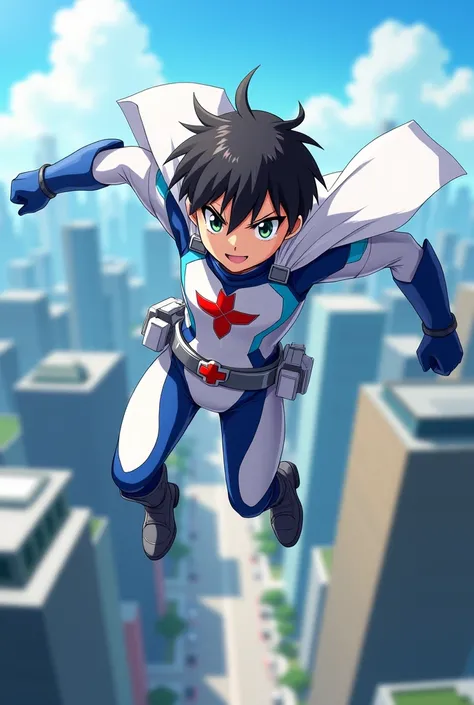 anime boy wearing a white bodysuit with blue, and light blue lined accents, with a four-sided red star on his chest, wearing black gloves, black boots, a utility belt with white pouches, with a red cross emblem, white short cape on his back, flying across ...