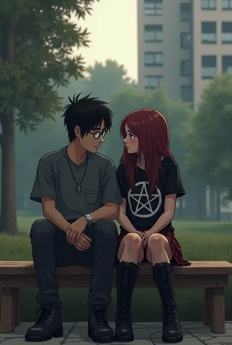  An image of a couple of a young man and a girl who are fans of rock, dressed in black, They are sad , sitting in a city park ,  in the background you can see 3-level buildings . The young man wears a gray shirt and wears glasses .  the girl wears boots , ...