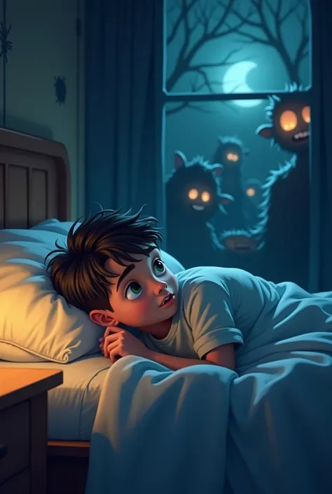 Animated boy imagining that there are monsters in the dark