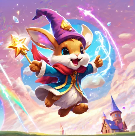  Front {x} There is a cartoon rabbit flying through the sky with a magic wand,  Maple Story Rabbit ,  Cute Little Rabbit Wizard ,   Cute Digital Painting  ,  Happy, Brave, Magically Cute , Cute Rabbit Pokémon ,  concept art magical highlights ,  cute detai...