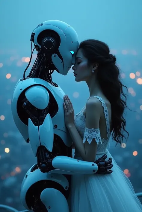 A Robots Breath of Love
prompt：(The scene is based on a dim blue color scheme.) The robot gently embraces a woman and dances with her. The robot is futuristic in design, with glowing blue eyes and exposed mechanical parts. The woman is wearing a white lace...