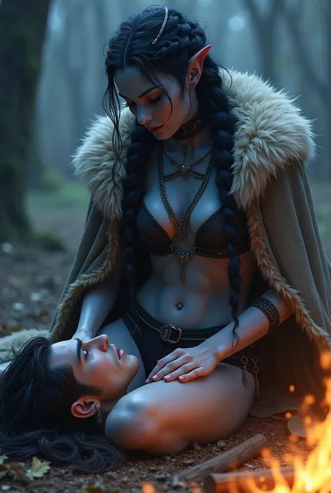 A blue-skinned, elf-like woman with dark braided hair, wearing a fur cloak and revealing top and bottom, rides on top of a smaller, more conventionally man. He is lying down, looking up at her affectionately. They are by a campfire,  The scene has a fantas...