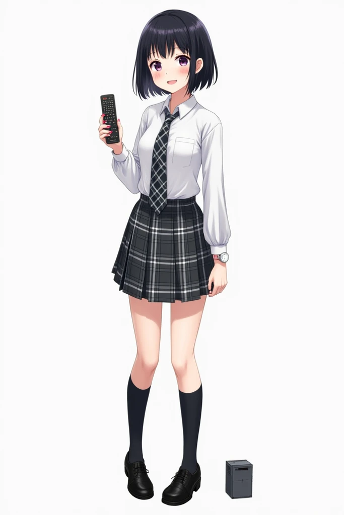 Teenage woman with black and short hair and with white anime watch and pink nails with white long-sleeved shirt and plaid Scottish tie in dark gray and white and pleated plaid skirt in combination of dark gray and white colors, following a uniform pattern ...