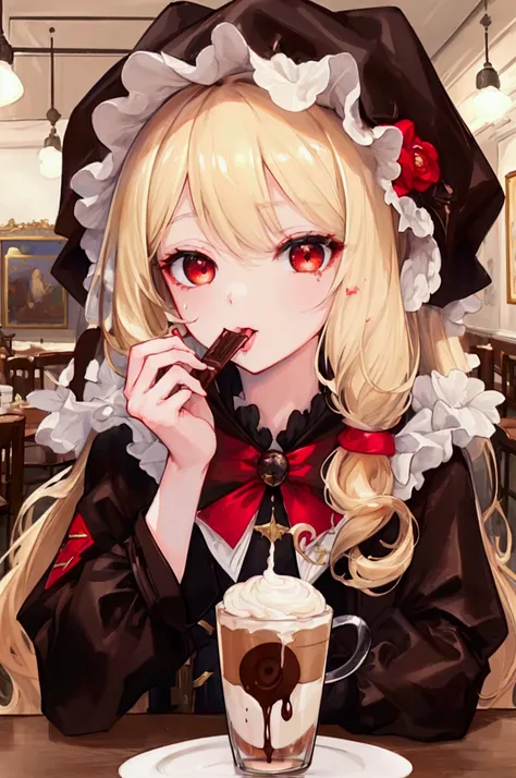 (super detailed:1.2, masterpiece:1.2, best quality:1.2, high res:1.2), Blonde,  red eyes, Black clothes, black raincoat, Chocolate latte ,  whipped cream ,  chocolate granules ,  cream on tongue,  lick cream , cafe,  table