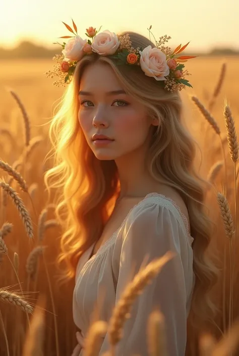 a beautiful young woman with detailed facial features, a flower crown, standing in a field of wheat, sunlight streaming through the wheat stalks, warm autumn colors, detailed realistic, masterpiece, 8k, photorealistic, intricate details, cinematic lighting...