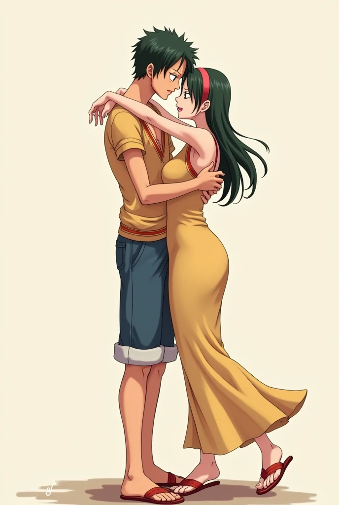 Monkey D. luffy,  being hugged by a tall slender woman with breasts and big butt,  long dark green hair made in a low tail ,  short sleeve dress with ankle-length neckline with red border decorations, pastel red scarf on the head ,  sandals with small red ...