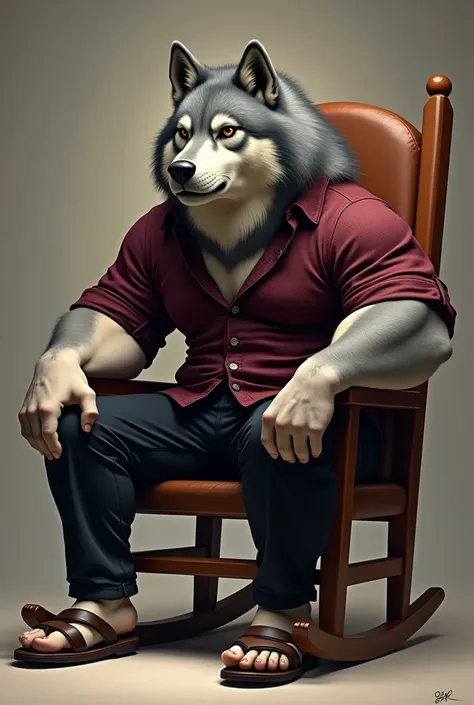  The image depicts a stylized anthropomorphic wolf with a muscular build..  The character has a gray coat with darker gray markings on the face and upper body ..  They wear black classic pants and a burgundy classic shirt .,sandals,instagram photo style , ...