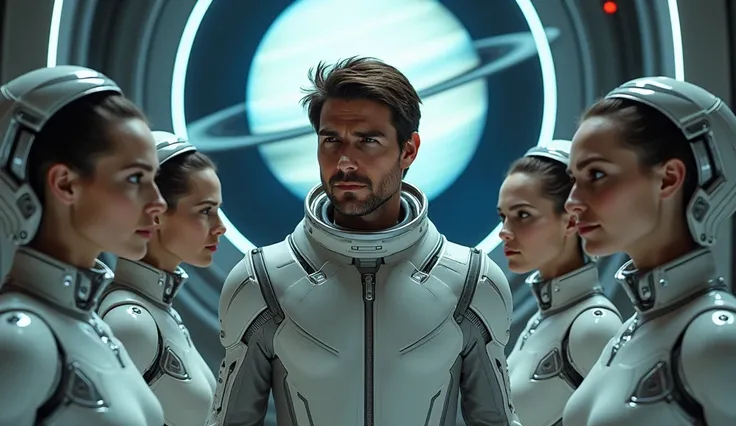 Tom Cruise in an open spacesuit next to 4 cyborg girls with big breasts in a spaceship, the window shows the planet Saturn